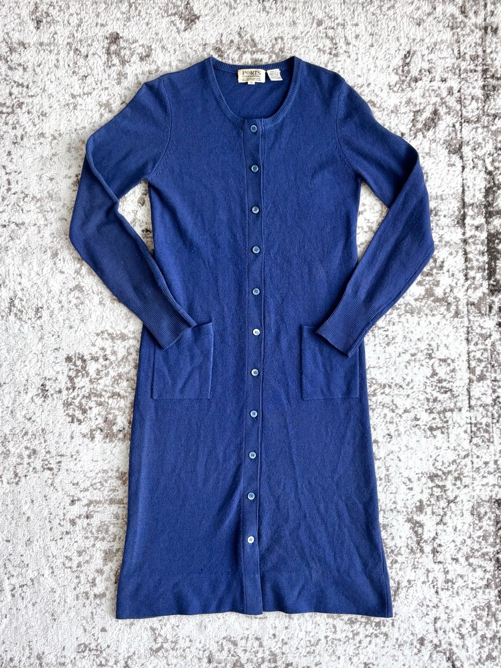 Vintage PORTS International 100% Geelong Lambs Wool Button Long Blue Cardigan